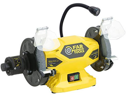 Fartools Touret à meuler 400W, meule-meule 2xØ150mm (grain A36 & A60) avec affuteur de forets, lampe LED, vitesse de rotation 2950tr/min