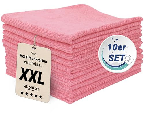 ZOLLNER 10er Set Mikrofasertücher für streifenfreien Glanz - flusenfreie und saugstarke Reinigungstücher - waschbar bis 60°C - 40x40cm in rosa - Hotelqualität
