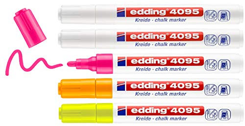 edding 4095 Kreidemarker Set - weiß, gelb, orange, pink (neon) - 5 Kreidestifte - Rundspitze 2-3 mm - Kreidestift für Tafel abwischbar - für Fenster, Glas, Spiegel - Tafelstift mit deckenden Farben