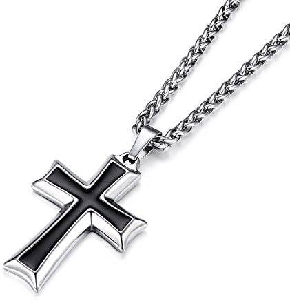 HZMAN Men's Stainless Steel Cross Pendant Necklace Jewelry Gift with Wheat Chain (Silver)