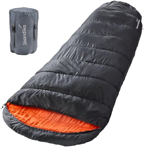 Skandika Schlafsack Vegas XXL Mumienschlafsack mit/ohne Polycotton Innenfutter, für Erwachsene Doppelschlafsack, 3 Jahreszeiten, bis -12°C, 220 x 110 cm | Winter Outdoor Camping(Schwarz/Orange