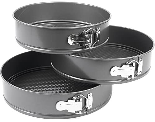 Jazooli 3 Piece Non-Stick Baking Cooking Cook Springform Round Cake Tin Tray Pan Set Kit Spring Loaded Warp Resistant Home or Professional 24/26/28cm Anthracite