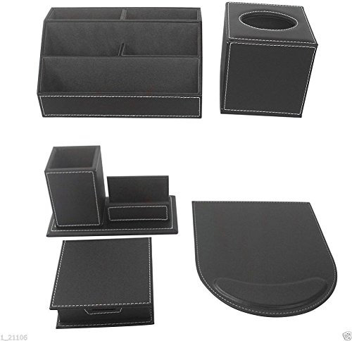 KINGFOM 5pcs Leder büro Schreibtisch Set - Inklusive Schreibtisch Organisator, Kosmetiktücherbox, Mauspad, Stifthalter mit Visitenkartenhalter und Zettelbox (T50-5-Schwarz)