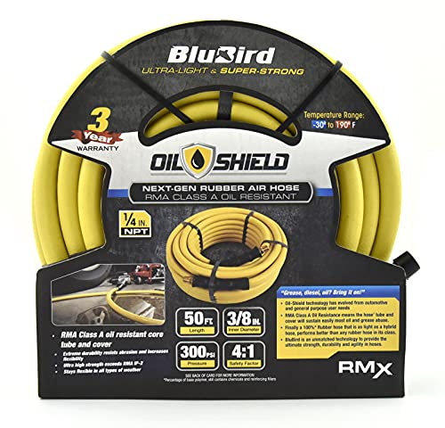 BluBird Oil-Shield: Winner - Top 20 Tools of 2016: 3/8 x 50' RMA Class A Professional Rubber Air Hose: The Lightest & Strongest Oil Resistent Hose