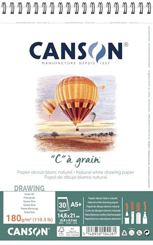 CANSON C à grain - Bloc 30 feuilles de papier dessin - 14,8 x 22,7 cm - 180 g/m² - Blanc naturel, A5