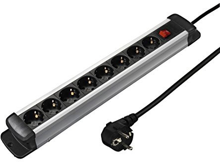 Hama Steckdosenleiste 8-Fach(Mehrfachsteckdose aus Aluminium, inkl. EIN- und Aus Kipp-Schalter, Wandmontage möglich, Steckplätze 45 Grad gedreht, Kabel 1,5m) Schwarz/Silber