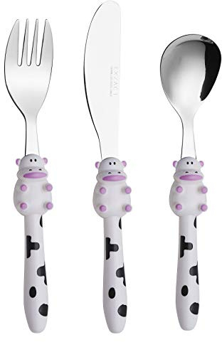 EXZACT Bambini Posate Acciaio Inox 3 pezzi/posate bimbi - 1 x forchetta, 1 x coltelli, 1 x Cucchiai Cena (Mucca x 3)