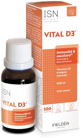 ISN - Vital D3® - 1000 UI - Complément Alimentaire riche en Vitamine D3 - Origine 100% Naturelle - Capital Osseux & Soutien de l'Immunité - Goût Neutre - Flacon Compte-gouttes 20ml