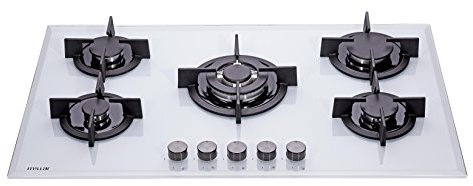 Millar GH9051PW - Piano di cottura in vetro temprato con 5 bruciatori a gas, bianco, 90 cm