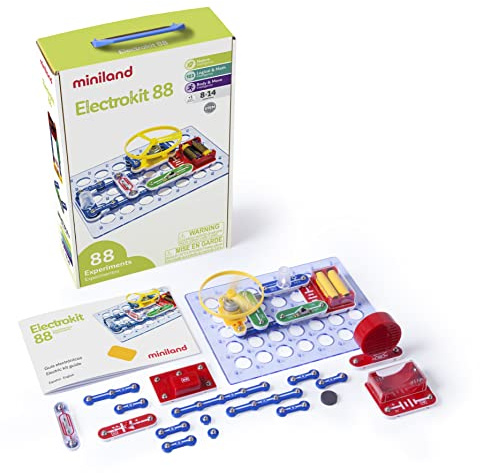 Miniland - Electrokit. 88 Diferentes experimentos de Juegos para iniciación en los circuitos tecnológicos. Juguete electrónico para niños y niñas +8 años.