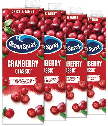 Ocean Spray Classic Cranberry Juice - 4 x 1L - Sugar & Natural Sweetener Fruit Juice - Rich in Vitamin C & High in Antioxidants - Made with Whole Cranberries