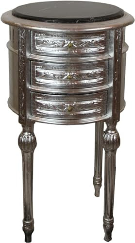 Casa Padrino Barock Beistelltisch mit Marmorplatte Silber/Schwarz Ø 42 x H. 73 cm - Handgefertigte kleine runde Kommode mit 3 Schubladen