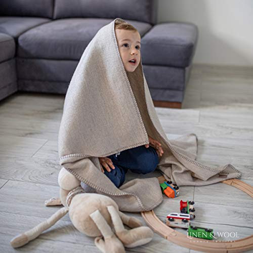 Linen & Cotton Doubleface Babydecke Merino Wolle für Junge Mädchen Santino - 100% Merinowolle, Beige Natur (75 x 100 cm) Leichte Dünne Kuscheldecke Baby Sommer Winter Kinderwagen Babyschale Babybett