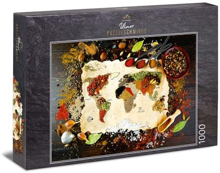 Ulmer Puzzleschmiede - Puzzle „Taste The World“ - Klassisches 1000 Teile Puzzle – Puzzlemotiv Weltkarte aus bunten Gewürzen - originelle Food-Fotografie als farbenfrohes Erwachsenen-Puzzle
