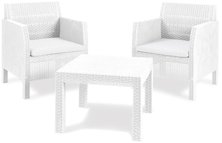 Toomax Juego de muebles de jardín Matilde con 2 sillones y mesa de centro, acabado efecto ratán, color blanco.