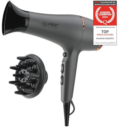 TZS First Austria Haartrockner, 2200 W, Ionen, schonendes Styling & gleichmäßige Wärmeverteilung, 3 Heiz- und 2 Gebläsestufen sowie praktische Cool-Shot-Funktion, inkl. Diffusor-Aufsatz - grau