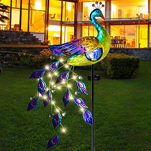 DREAMSOUL Peacock Solar Lights Outdoor Crackle Glass LED Lawn Patio Decor