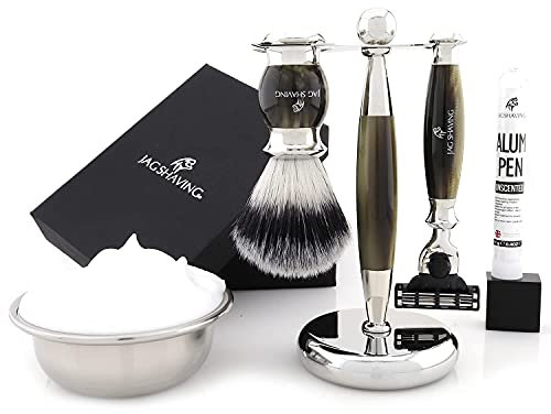 Jag Shaving Shaving Kit - 3 Piece Shaving Set - Jag's Lee Range - 3 Edge Shaving Blade Shaving Razor - Synthetic Silvertip Shaving Brush - Elegant Shaving Stand - Green Horn Imitation
