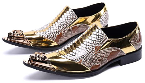 Santimon Mens Genuine Leather Dress Loafers Metallic Cap Slip On Tuxedo Formal Composite Snake Print Luxury Wedding Fashion Shoes Gold 7 US