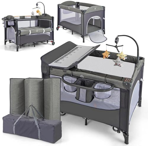 COSTWAY 5-i-1 babysäng, resesäng med madrass, höjdjusterbar co-sleeper med skötbord, säkerhetsbälte, speldosa och hängande leksak, handfat med hjul för småbarn, blå