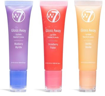 W7 Gloss Away Trio - Hydrating Lip Balm Gift Set with Shea Butter & Fruit Extracts - Restores Chapped & Dry Lips - Vegan & Cruelty-Free - Blueberry, Vanilla, Strawberry