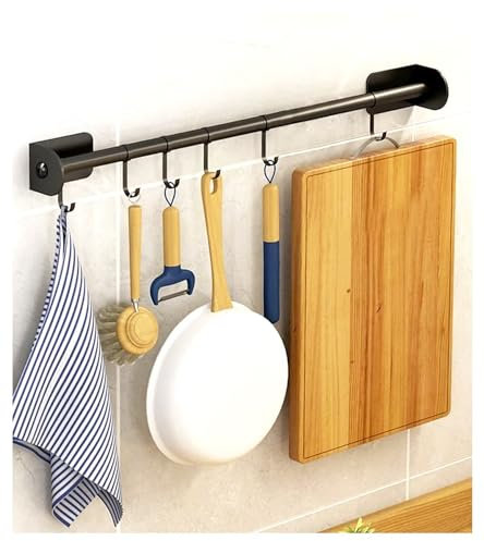 KAXIMON Kitchen Utensil Rack 30cm - Kitchen Rail with 6 Hanging Hooks - Wall Mounted Self Adhesive Hooks for Kitchen Cabinets