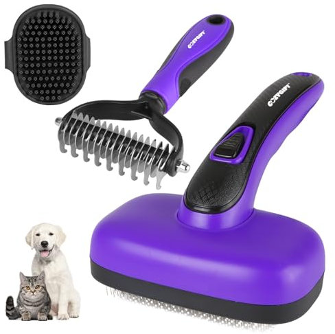 3PCS Dog Brush Kit for Dogs, Cats & Small Animals. Self-Cleaning Slicker Brush for Short & Long Hair, Haired Breeds, Dual-Sided Undercoat Rake, Bath Tool. Safe Steel Pins, Ideal for Most Pets. Purple