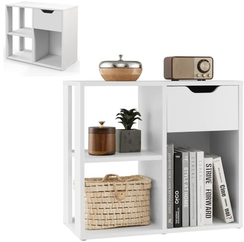 HOMASIS Cubo Portaoggetti Scaffale, Mobiletto Salvaspazio con Cassetto e 3 Scomparti, Scaffale Piccolo in Legno, Divisorio per Soggiorno, Ufficio, Camera da Letto, 60 x 30 x 53 cm (Bianco)