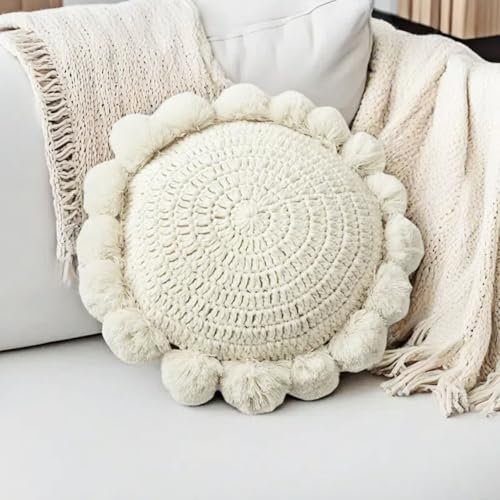Rundes Boho Dekokissen 45cm Bodenkissen Gehäkelt Niedlich Dekorativ Für Couch Weißes Akzentkissen Für Bett Kissenbezüge Und Einsätze Kreis Grobstrick-Dekokissen Mit Niedlichen Pompon-Quasten Beige