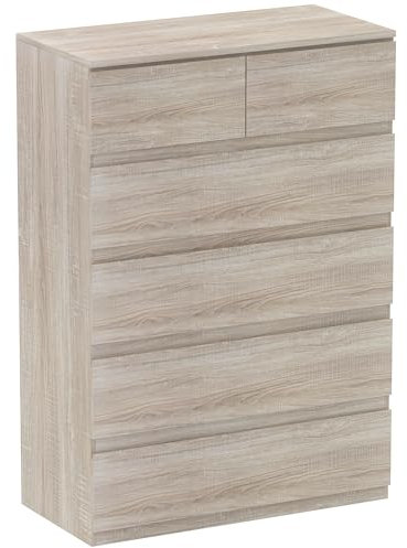 HOMCOM Commode 6 tiroirs, Meuble de Rangement étroit sans poignées, Style Moderne, Commode pour Chambre à Coucher, Salon, Couloir, 80 x 39 x 115 cm, Bois Naturel