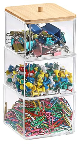 BTSKY Stackable Paper Clip Holder with Bamboo Lid 3-Layer Paperclip Box