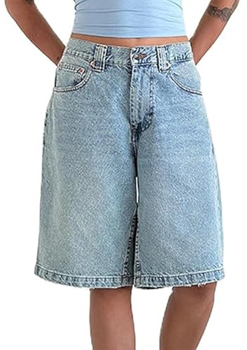 Bermudas Jorts Baggy Jeans Shorts: Pantalones Cortos Vaqueros Holgados Informales de Pierna Ancha hasta La Rodilla con Bolsillos