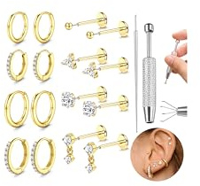 Adramata 18 Piezas Piercing Oreja Tragus Hélix Labret 16/20G Acero Inoxidable Piercing Nariz Hipoalergénico Oro Plata Aro Pendientes Cartílago/Concha Joyas para Mujeres Hombres