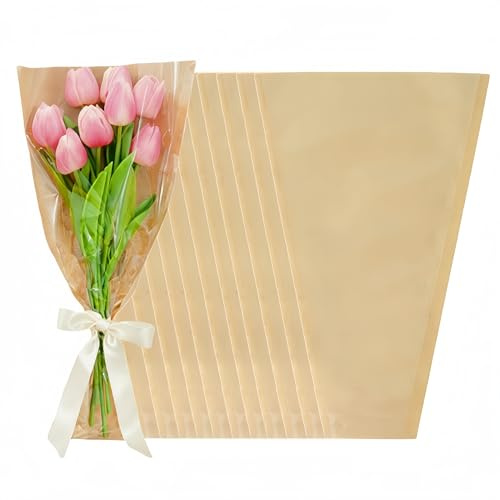 WACCOMT Pack 50 Sheets Brown Bouquet Flower Wrapping Bags 17.7x9.4x3.5 inch | Kraft Paper, Clear Floral Packing Sleeves, for Rose Florist Supplies, Wedding Birthday Events Gift, Cellophane Wrap