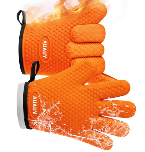 AUAUY Guanti da Forno, Guanti da Forno in Silicone Impermeabili, 446°F Antiscivolo Guanti Resistenti al Calore Guanti da Cucina Lunghi per Cucinare Barbecue Cottura al Forno (Arancione)