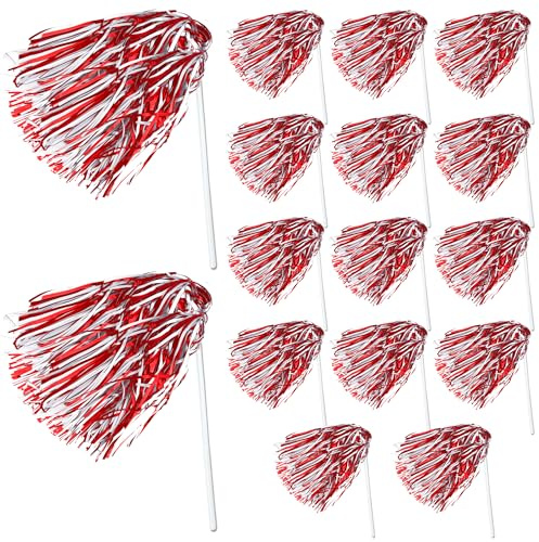16pcs Cheerleading Pom Poms Metal Foil Plastic Pompoms bat Long Handle Sports Sports Team Dance Football Basketball Club Spirit Sports Stage Performance Celebration (Red and White)