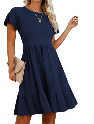 LEEDYA Summer Dresses for Women Crew Neck Short Sleeve A Line Tiered Dress Flowy Casual Midi Beach Dresses with Pockets