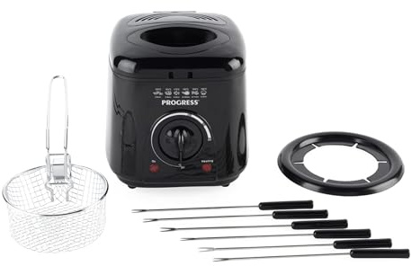Progress Friteuse et appareil à fondue 2-en-1, 1 L, 190 °C | Cuve antiadhésive, température réglable, hublot de contrôle, voyants marche et prêt, panier, 6 fourchettes