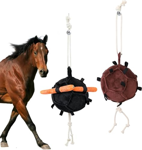 Eirolace 2 pezzi giocattoli per cavalli, neri e marroni, palline di alimentazione della carota, ciondolo a sfera, alimentatore lento, palla di premi per cavalli, bestiame, pecore, antistress
