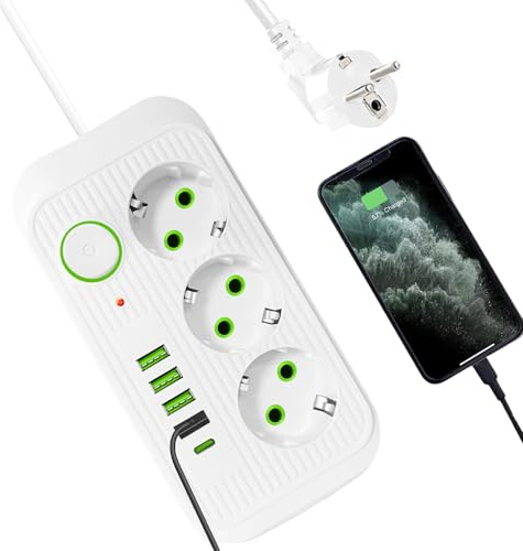 Cable de extensión de enchufe, banda de enchufe plano - Toma de extensión tipo C con diseño de ángulo de 45° - Toma de protección de seguridad, placa a banda, 8 en 1, para T