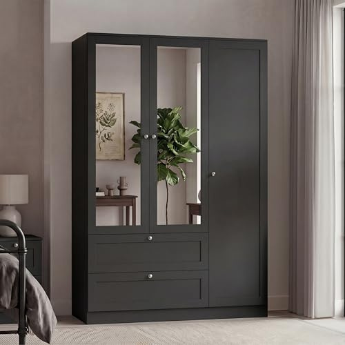 Vida Designs Altino 3 Door 2 Drawer Mirrored Wardrobe | Black | Bedroom Furniture | 170H x 116W x 53D cm | With Storage Shelf & Hanging Rail | Large Capacity Storage
