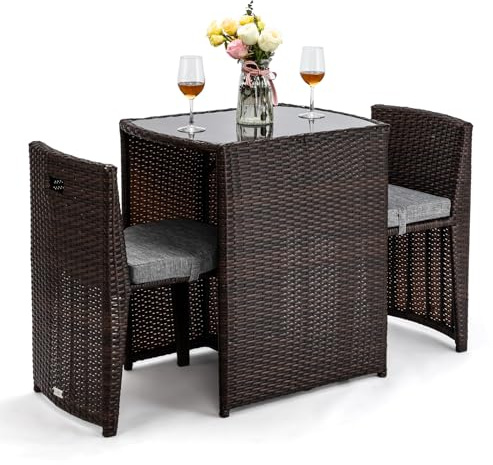 Bonnlo 3 PCS Wicker Outdoor Patio Bistro Set, Patio Furniture Set for Small Space with Glass Top Table Dining Chairs, Balcony Furniture Patio Table and Chairs Set of 2 for Garden Yard Porch (Brown)