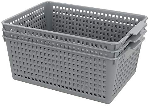 Yarebest Large Plastic Storage Basket Box, Cupboard Storage Baskets, 3-Pack (Grey)