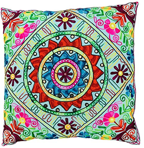 Original Kikan Suzani Kissenbezug mit mehrfarbiger Blumenstickerei, 60 x 60 cm, indischer Ethno-Kissenbezug, Sofakissen, Reißverschluss, vegan, Blau