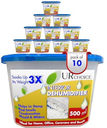 UR CHOICE Interior Dehumidifier 500ml, Pack of 10 Moisture Absorber & Condensation Remover for Damp, Mould, Musty Smell, Disposable Dehumidifiers for Home, Bedroom, Kitchen, Wardrobe, Bathroom