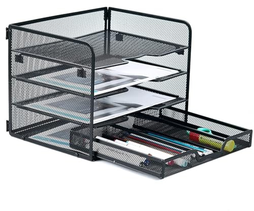 SETTFRFE 4 Tier Mesh Paper Letter Tray,Desk File Organizer with A Sliding Drawer,Office Supplies Desk Organizer for Home Office,Black.