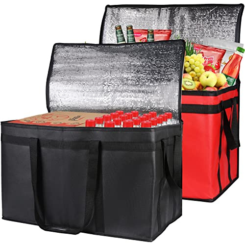 Bodaon 2-Pack Insulated Food Delivery Bag, XXX-Large Meal Grocery Tote Insulation Bag for Hot and cold Food, Commercial, Large Capacity Reusable Warming Bag, Heavy Duty Pizza Carrier, Black + Red