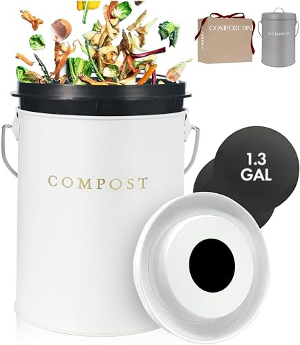 White 1.3 Galion Indoor Compost Bin Kitchen Odorless with Lid for Composting Food Waste Bucket for Counters, Stainless Steel Kitchen Compost Bin Countertop Trash Can Scrap Container Composter Caddy