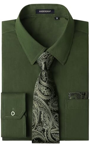 HISDERN Camisa Hombre Verde Manga Larga Formal Camisas y Corbata Elegante Camisa de Vestir de Negocios Boda con Bolsillo Regular Fit L