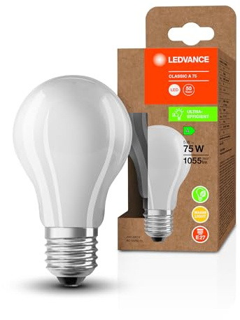 LEDVANCE LED Stromsparlampe, Matte Birne mit E27 Sockel, Warmweiß (3000K), 5 Watt, ersetzt herkömmliche 75W-Leuchtmittel, besonders hohe Energieeffizienz und stromsparend, 1er-Pack